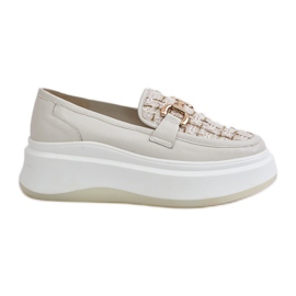 Mocassini Da Donna In Pelle Con Plateau Con Decoro Oro Vinceza 89105 Beige Chiaro