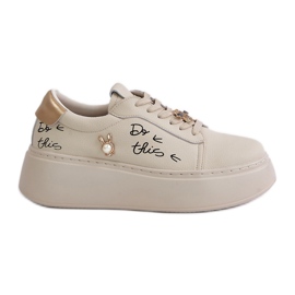 Sneakers da Donna in Pelle con Plateau Con Spille e Scritta Vinceza 89102 Beige