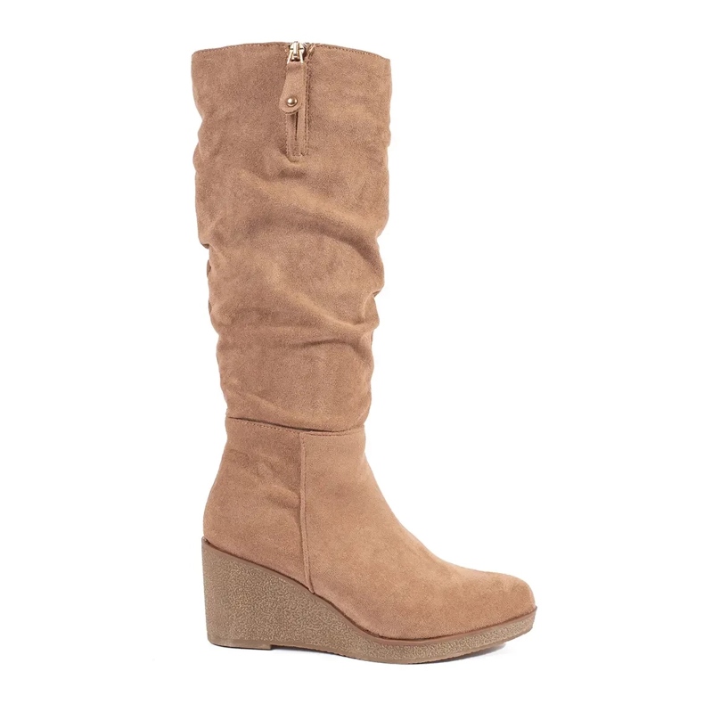 Stivali con zeppa da donna in camoscio beige