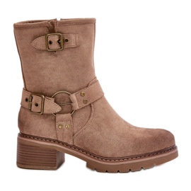 Stivali Tacco Basso Da Donna Con Fibbie, Zudra Beige Scuro