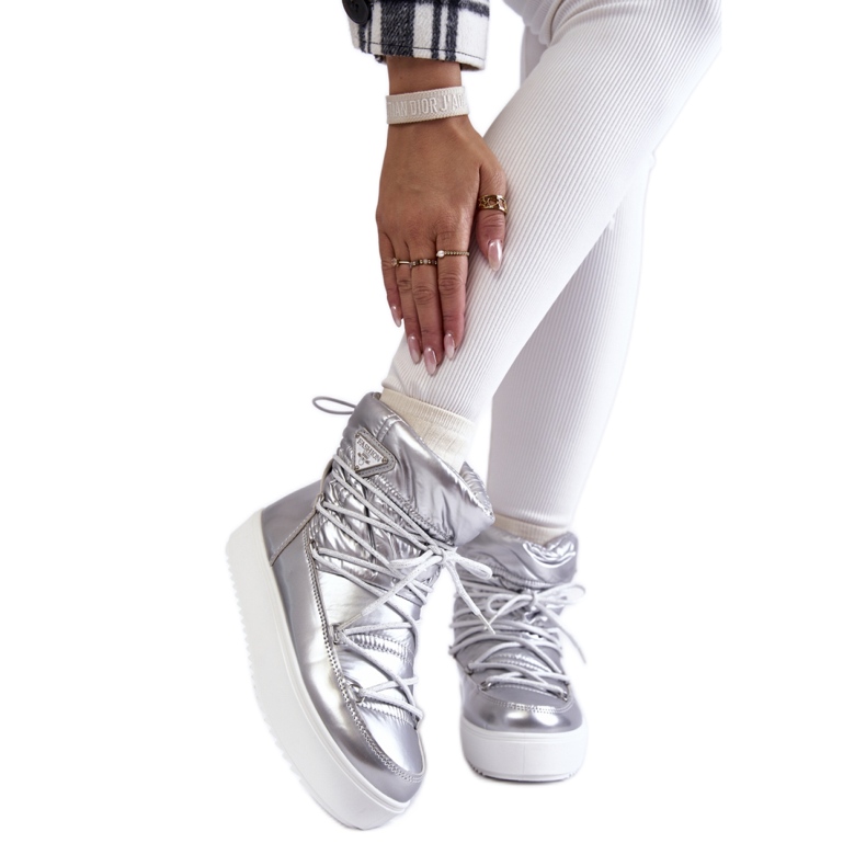 Stivali da neve con plateau stringati argento da donna grigio