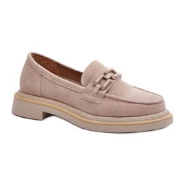 S.Barski Mocassini da donna beige con decorazione su tacco piatto