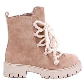 Stivaletti stringati Smiless Khaki con lacci spessi beige