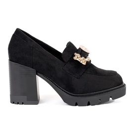 Scarpe da donna nere in camoscio con tacco alto e decorazione in metallo nero