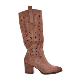 Stivali Tacco Alto In Eco Camoscio Con Motivo Traforato Vinceza 58344 Beige Scuro