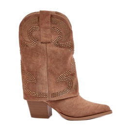 Stivali da cowboy a metà polpaccio decorati con tacco alto S.Barski HY42-153 Cammello beige