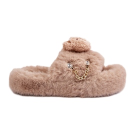 Pantofole da donna in pelliccia Innalise beige con orsetto ed elementi decorativi