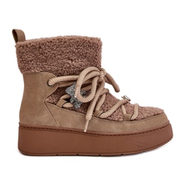 Stivali da neve in pelle di pecora marrone Almatiza da donna con spille e pelliccia beige