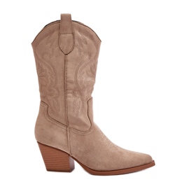 Stivali da cowboy da donna con tacco alto realizzati in Wendlis beige scamosciato ecologico