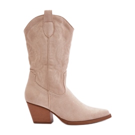 Stivali da cowboy da donna con tacco alto realizzati in Wendlis beige chiaro in pelle scamosciata ecologica