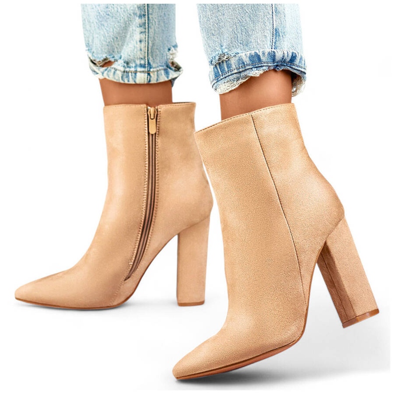 Stivaletti da donna in camoscio con tacco a punta, beige D7959B