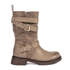 Stivaletti da donna beige con tacco basso e fibbie