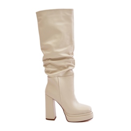Stivali Slip-on Su Tacco Alto E Plateau Con Ruches, Beridra Beige Chiaro Caldo