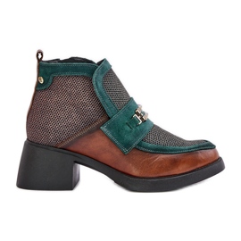 Stivali da donna in pelle con tacco grosso con decorazione Maciejka 06747-29 Marrone-Verde