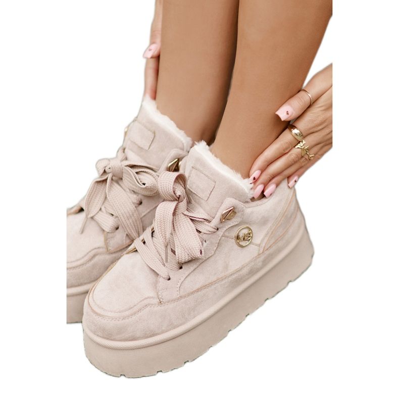 Sneakers Velarisea da donna beige con plateau e fodera in pelliccia