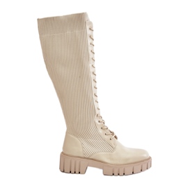 Stivaletti a calza stringati da donna con tacco piatto, Vamisha beige