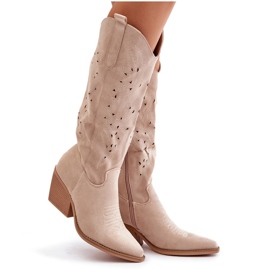 Stivali texani sopra il ginocchio con motivo traforato, Innathoria beige chiaro
