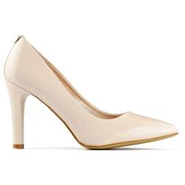 Décolleté da donna beige vernice con tacco comodo, scarpa da donna elegante beige