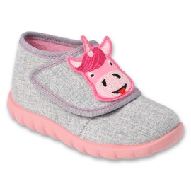 Ciabatte per bambini Befado con velcro 454P03, grigie con applicazione unicorno grigio