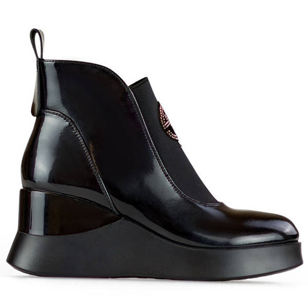 Stivali con zeppa in pelle da donna, vernice nera, 25-66703B nero