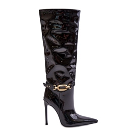 Stivali a stiletto in vernice nera Tistaria con decorazione oro nero
