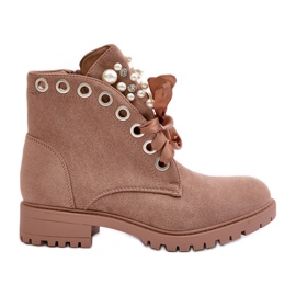 Stivali isolanti in pelle scamosciata con perle e nastro, Beige Perla