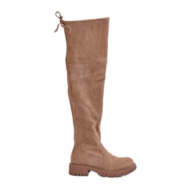 Stivali sopra il ginocchio con tacco piatto in eco-camoscio, Arkelia Beige
