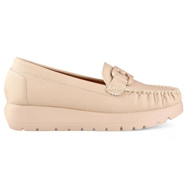 Mocassini da donna beige realizzati in ecopelle sul plateau, sottopiede in pelle