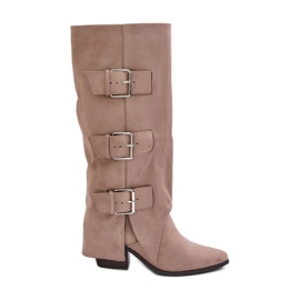 Stivali Beige con Tacco Alto, Tomaia Risvoltata e Fibbie, Vmissa Beige
