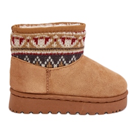 Stivali da neve slip-on per bambini con inserto fantasia, isolati con pelliccia Mirirae di cammello beige