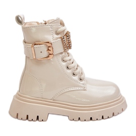 Stivali da bambina in vernice con cinturino decorativo, Gilian beige