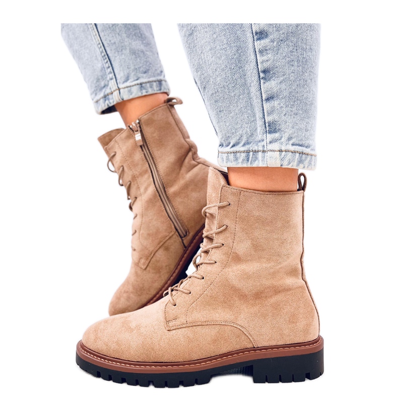 Stivali allacciati in camoscio kaki beige