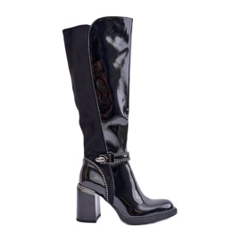 S.Barski Stivali da Donna in Vernice Decorata con Tacco Alto D&amp;A MR880-055 Nero