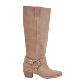 Stivali In Camoscio Con Tacco Basso Con Tomaia Sopra Il Ginocchio Zazoo 3444/O Beige Chiaro