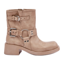 Stivali da donna in pelle con tacco basso e cinturini Zazoo 3644 Beige
