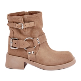 Stivali da donna in pelle scamosciata con tacco basso e cinturini Zazoo 3644 Beige