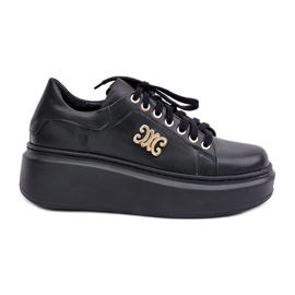 Sneakers in Pelle Naturale con Plateau Decorazione Oro Lewski 3428 Nera nero