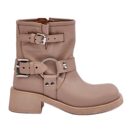 Stivali da donna in pelle con tacco basso e cinturini Zazoo 3644 Beige