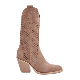 Stivali da cowboy traforati su tacco alto, beige scuro