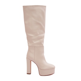Stivali con Tacco Alto e Platform Realizzati in Eco Pelle Beige Chiaro