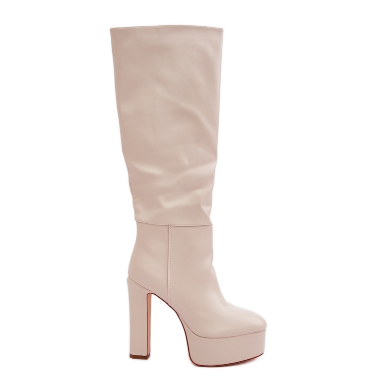 Stivali con Tacco Alto e Platform Realizzati in Eco Pelle Beige Chiaro