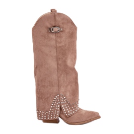 Stivali beige scuro con tomaia risvoltata su tacco alto