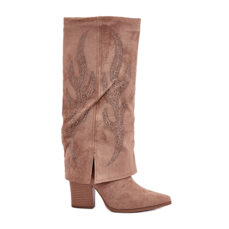 Stivali decorati beige scuro con tomaia risvoltata su tacco alto
