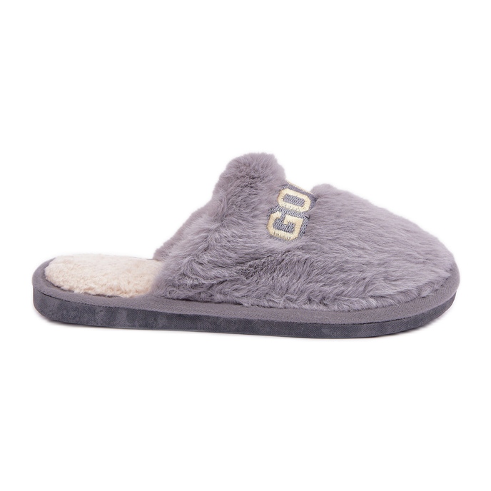 Ciabatte da donna con pelliccia e scritta, grigie grigio