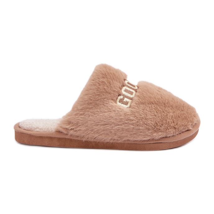 Pantofole da donna con pelliccia e scritta beige