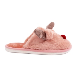 Pantofole da donna in pelliccia con motivo di renne, rosa