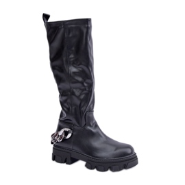 Stivali da donna in ecopelle con catena, colore nero