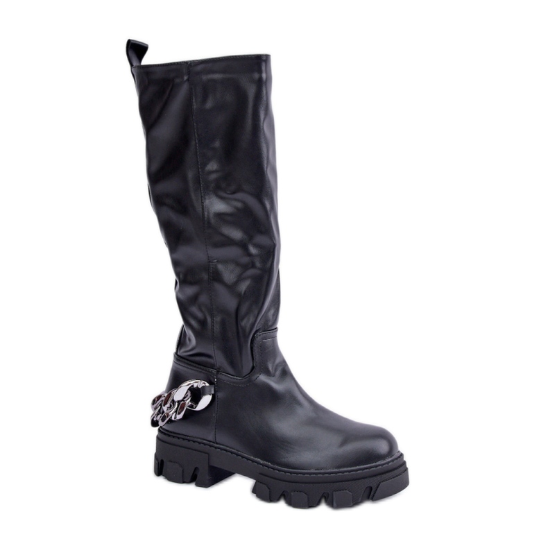 Stivali da donna in ecopelle con catena, colore nero