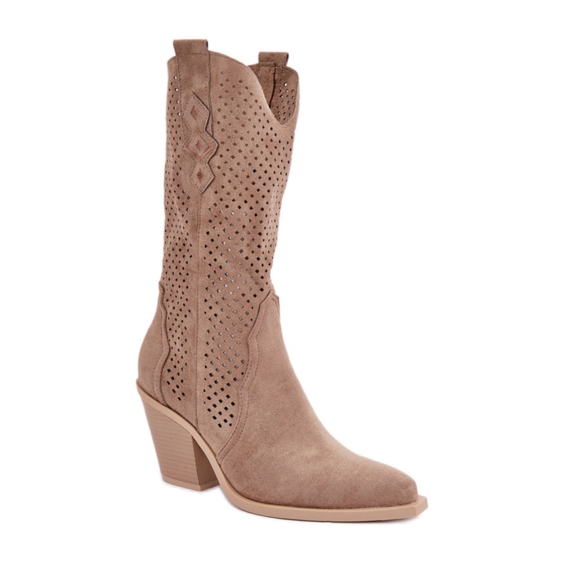 Stivali da cowboy beige con tomaia traforata
