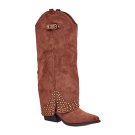 Stivali da donna marroni con tomaia decorativa marrone